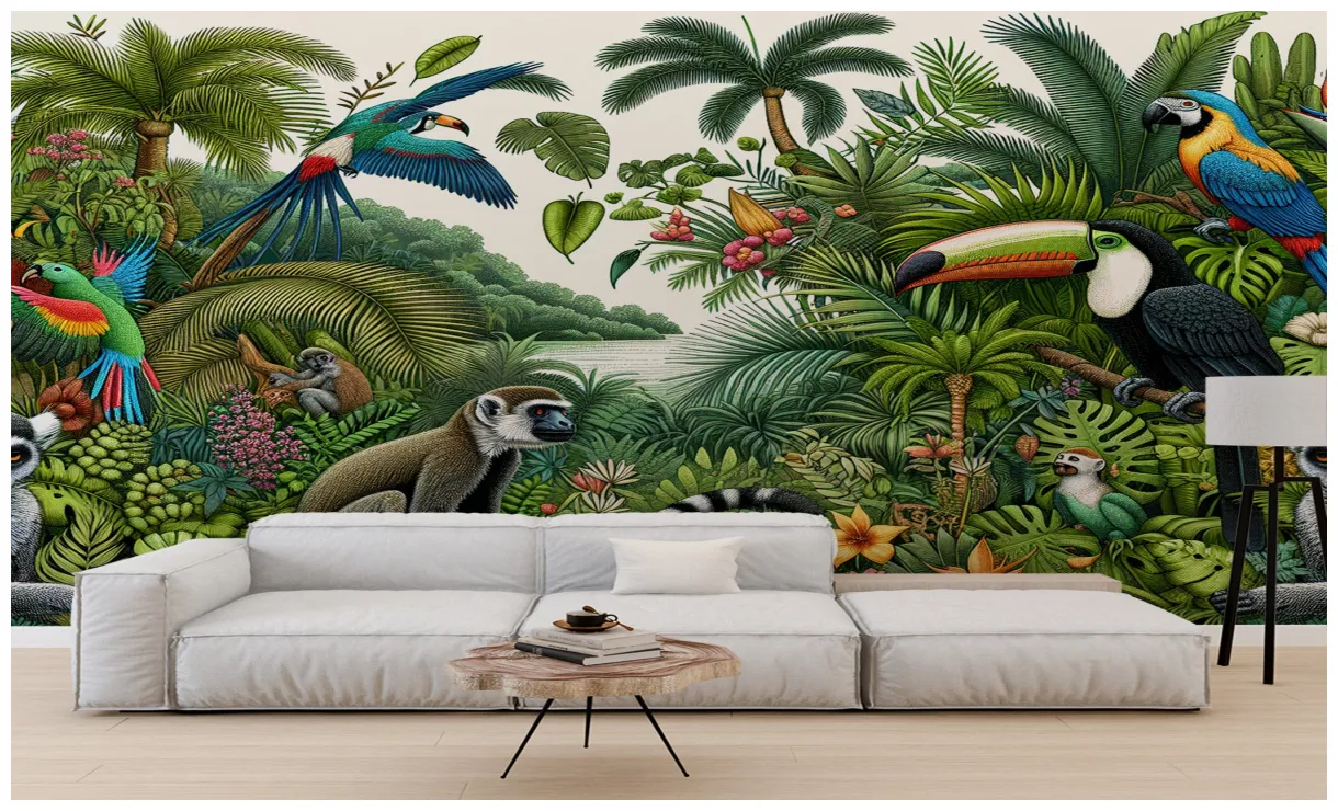 Papier peint perroquet jungle tropical avec toucans, singes et perro