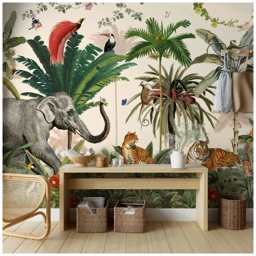 Tropikal ormanda hayvanlar alemi bej zemin duvar kağıdı