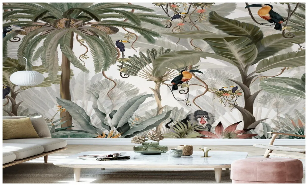 Bold and bright tropical birds palm leaf amazon mural white printable coloring page