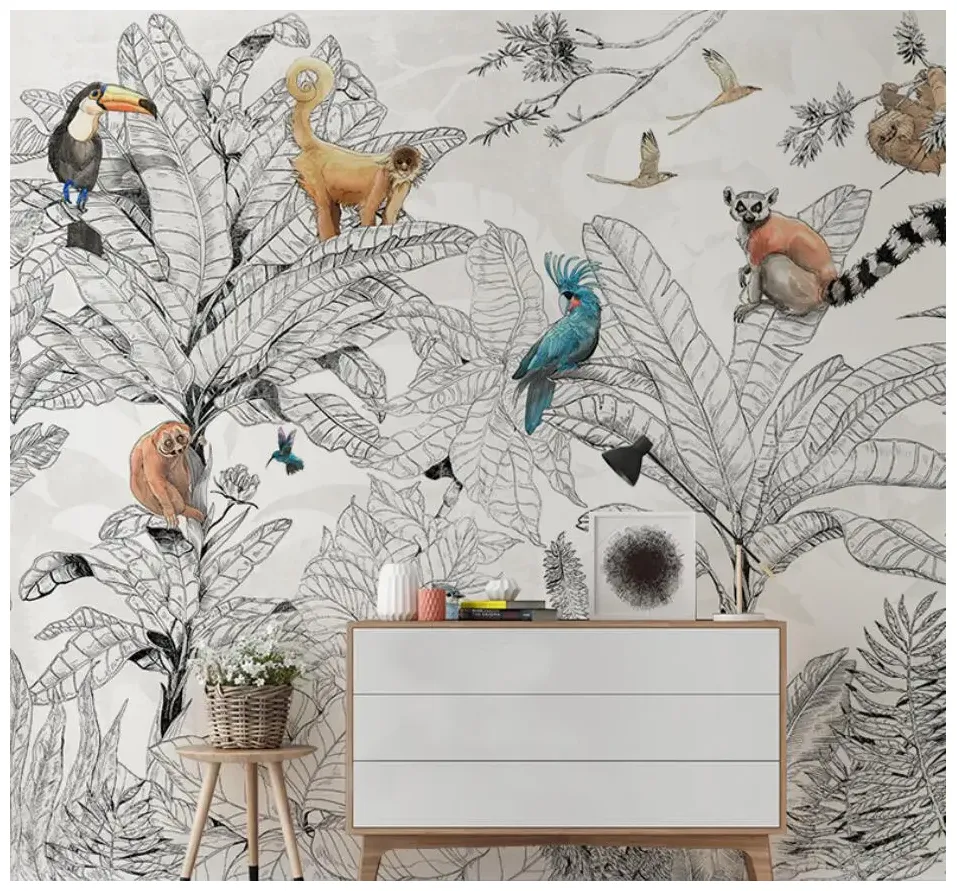 Beibehang-french-light-luxury-tropical-rainforest-animal-and-plant-3d