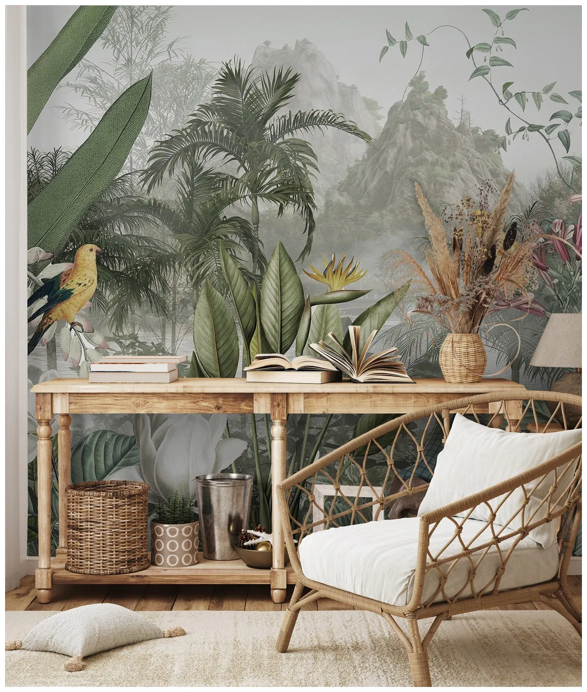 Tropical with bird, tree & leaf peel and stick botanical