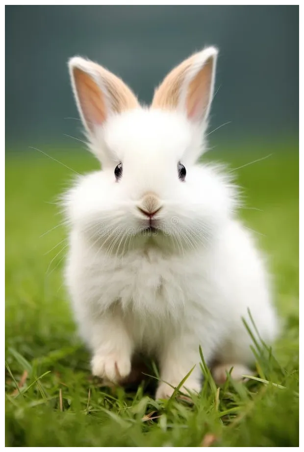 A fluffy white bunny sitting on a bed of green grass, stock