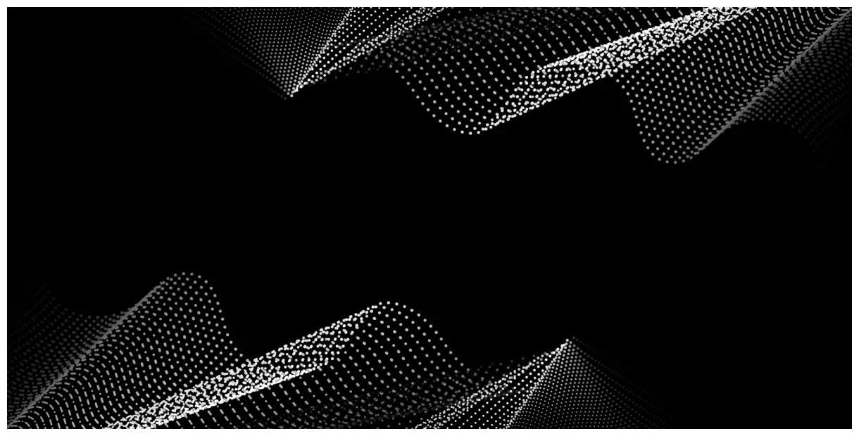 3D white particle wave pattern on a black background. Digital abstract
