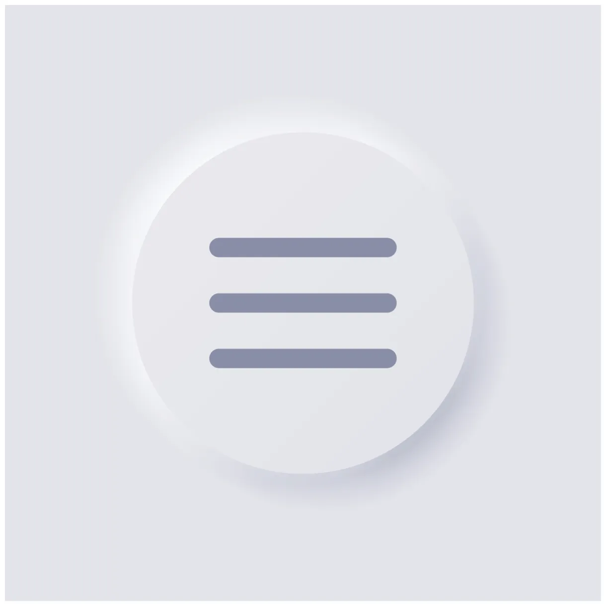 Three bar line menu icon, white neumorphism soft ui design for web
