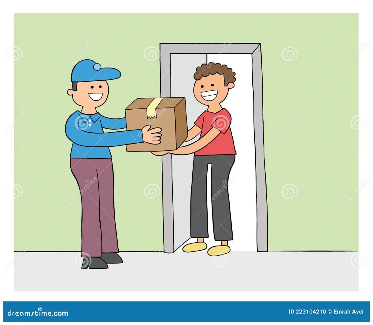 Cartoon Courier Brings the Parcel, the Customer Receives the Parcel