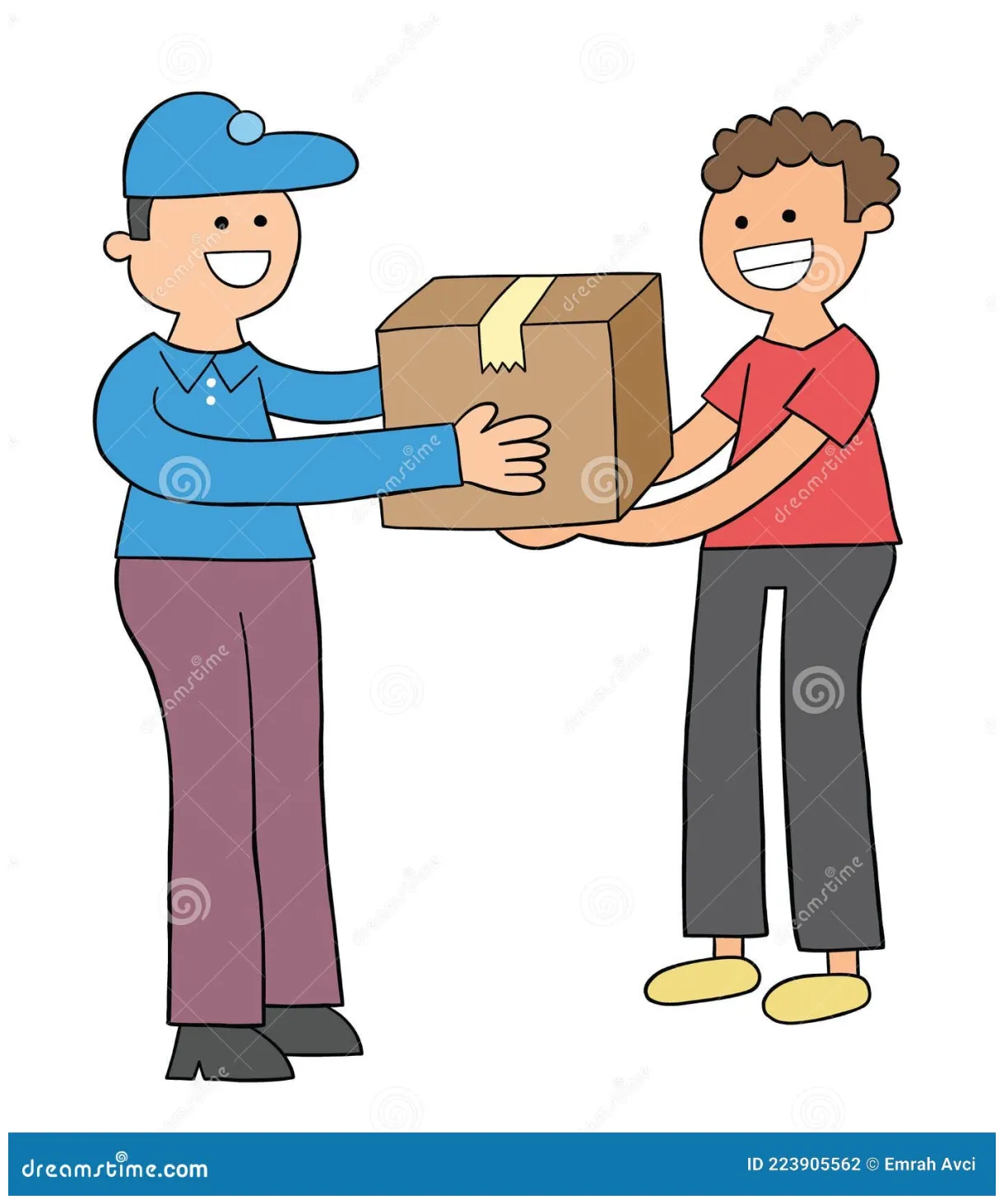 卡通快递员将客户收到的包裹送至包裹的图示 向量例证. 插画 包括有 后勤, 组合证券, 动画片, 男人 - 223905562