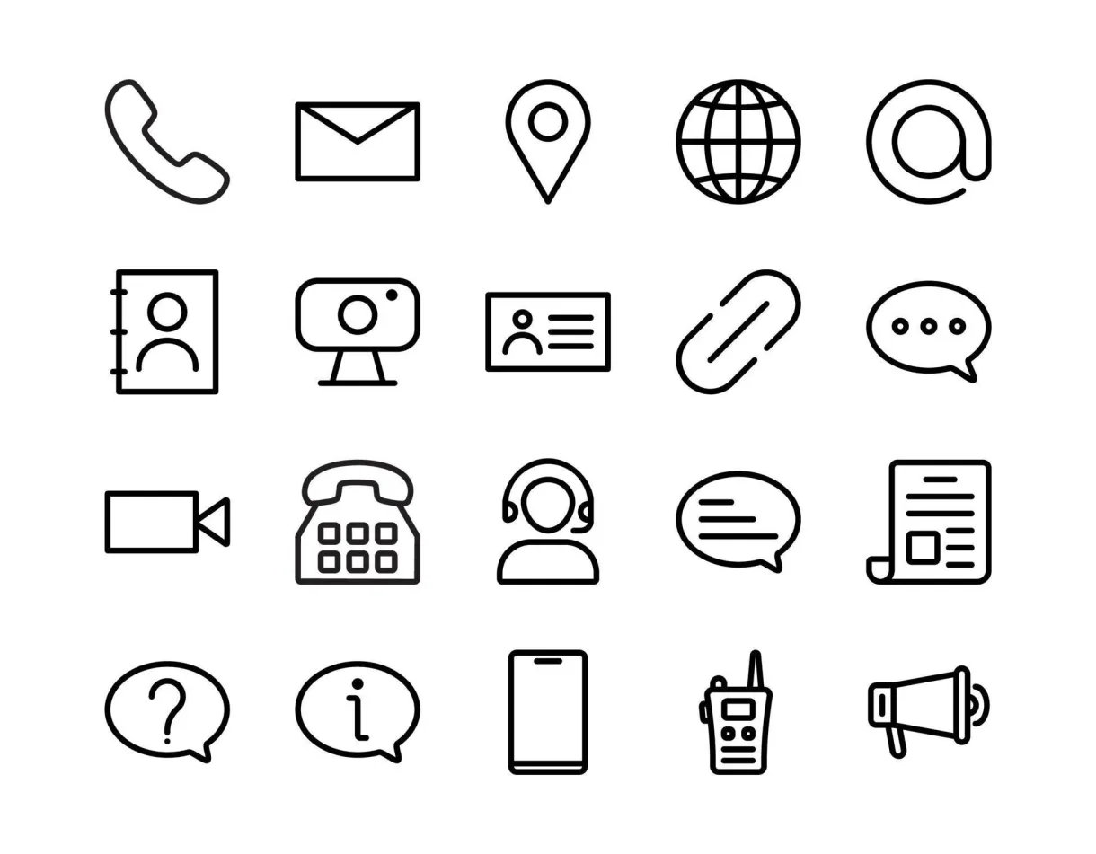 Set of contacts icons, set of contacts collection in black color