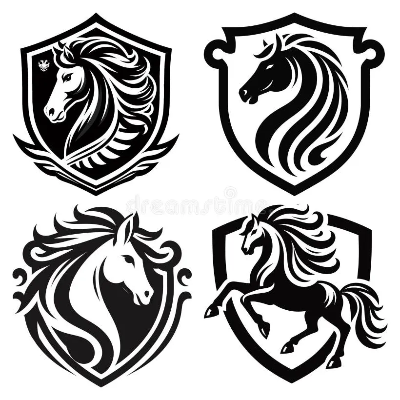 Elegant horse crest illustrations, black and white, vector design