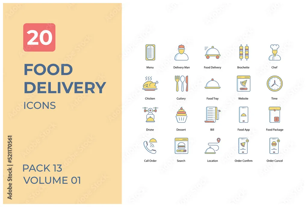 Food collection. set contains such icons as pizza