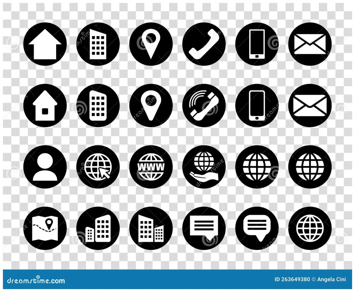 Round black contact info icon set for location pin, phone, web and