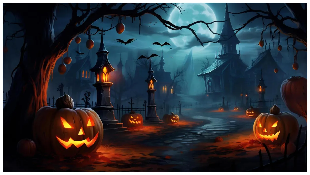 Spooky halloween wallpaper with pumpkin and old house 27807583 Stock