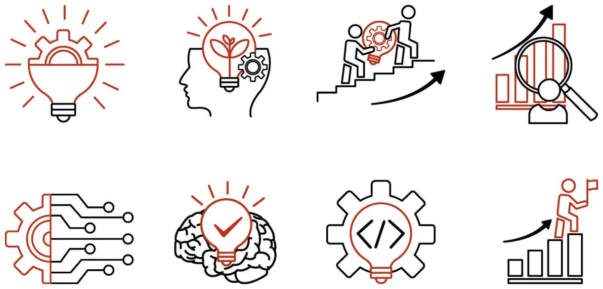 Innovation Icons Set. Icons of Success, Teamwork, Development