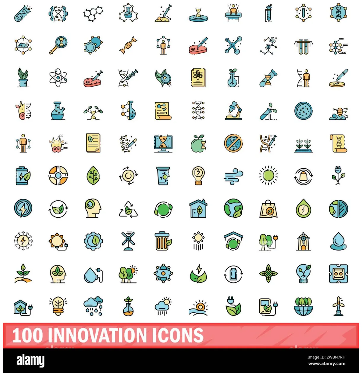 100 innovation icons set. Color line set of innovation vector icons