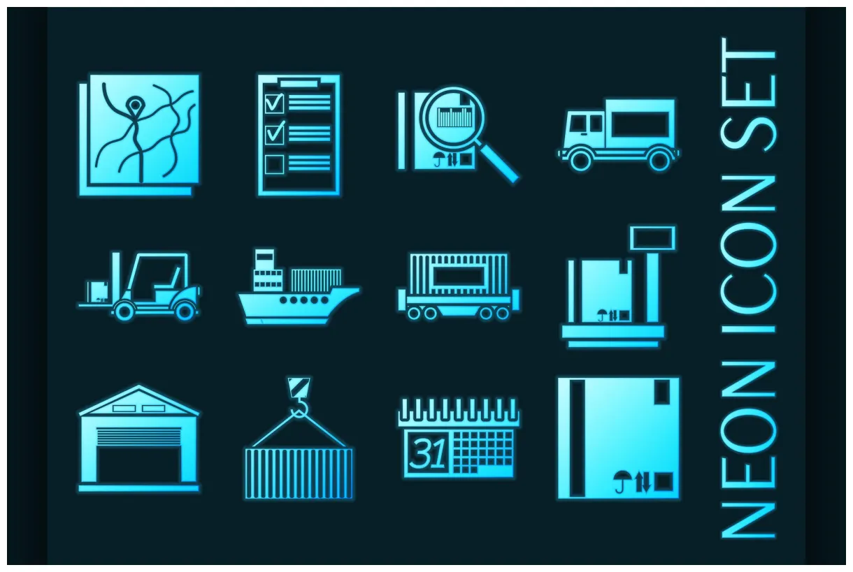 Logistics set icons. blue glowing masterbundles