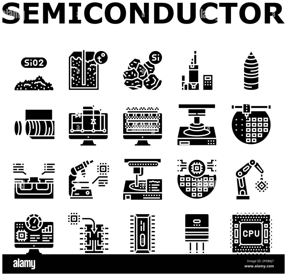 Semiconductor manufacturing plant icons set vector stock vector
