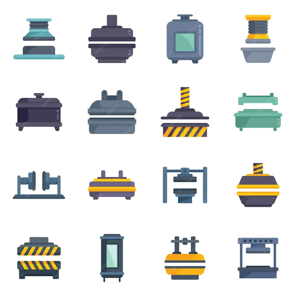 Premium vector press form machines icons set flat vector formation