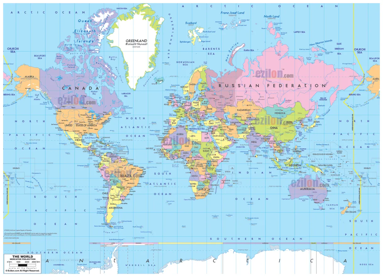 Map of the world with continents and countries ezilon maps