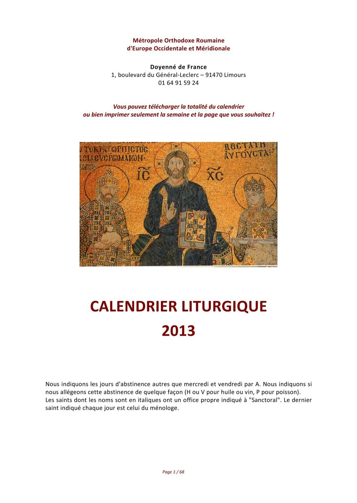 Téléchargez le calendrier liturgique annuel 2013 sagesse orthodoxe