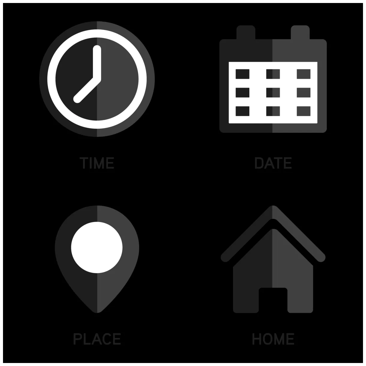 Time clock icon, date calendar, place pin location address, home button