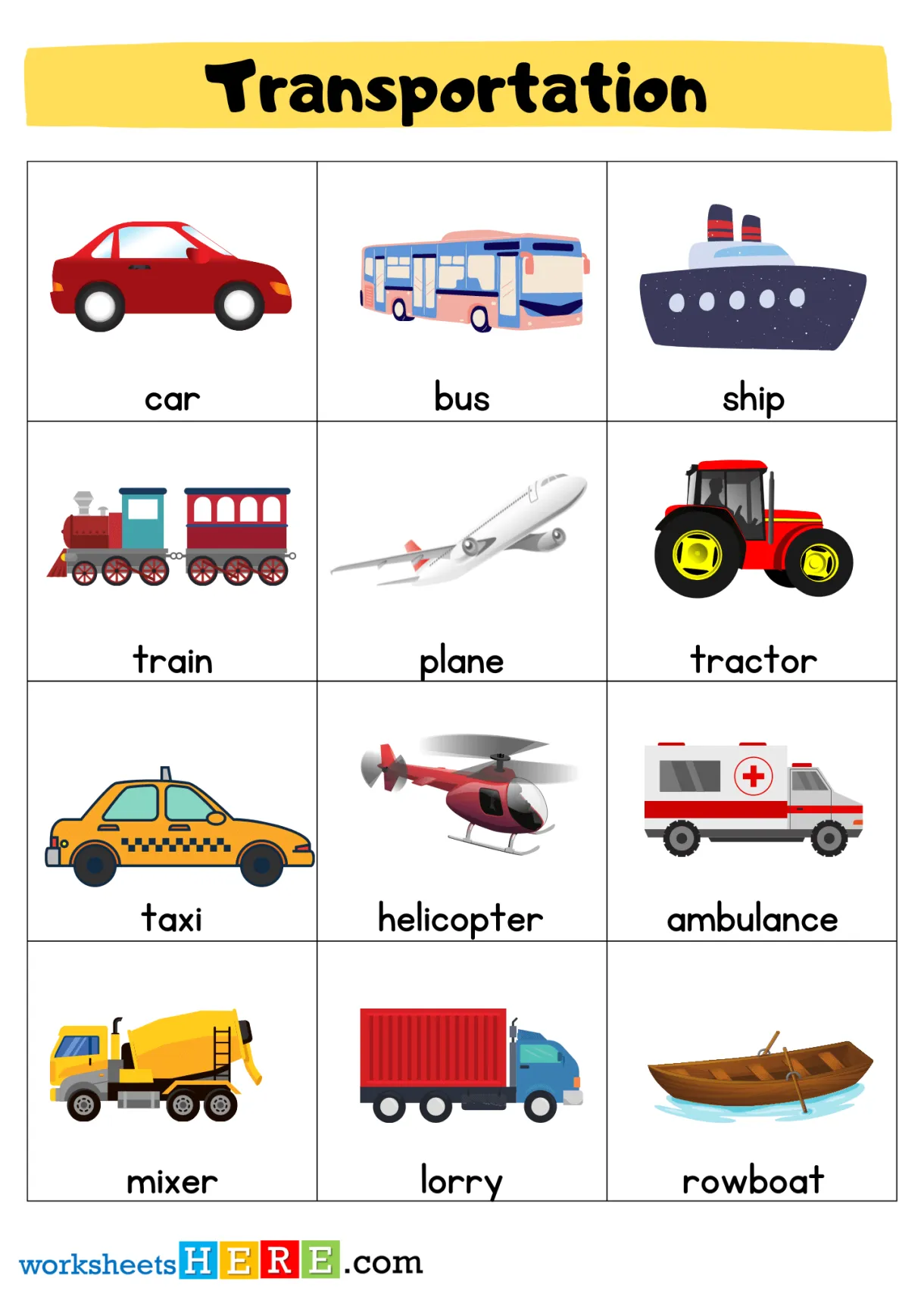 +35 transportation names flashcards worksheets for students, transport