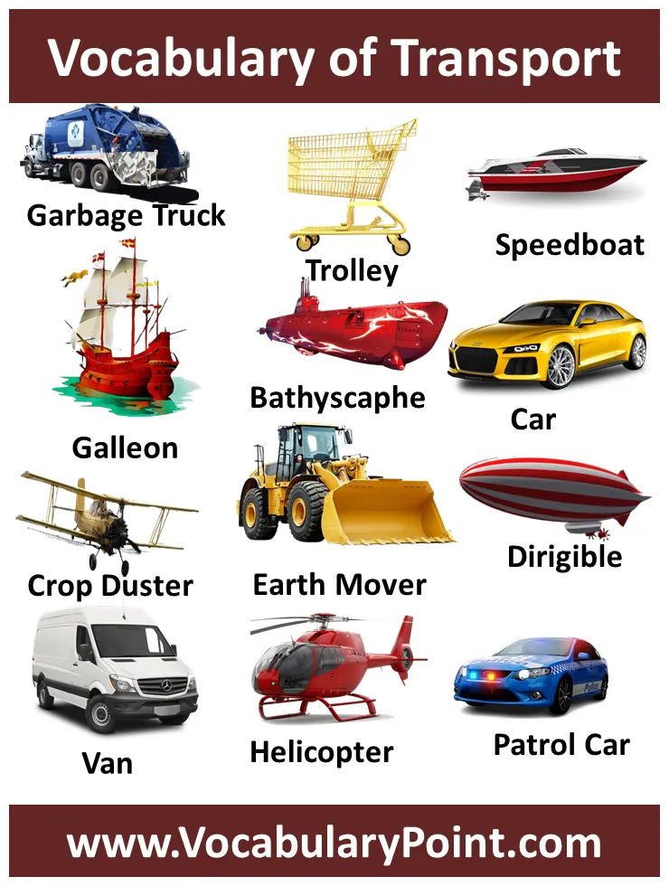 List of transport vocabulary words with picture in english vocabulary